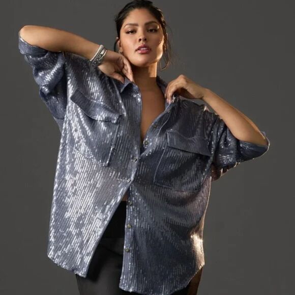 Anthropologie Pilcro Full Sequin Button Down Shirt - Blue M - Picture 2 of 11